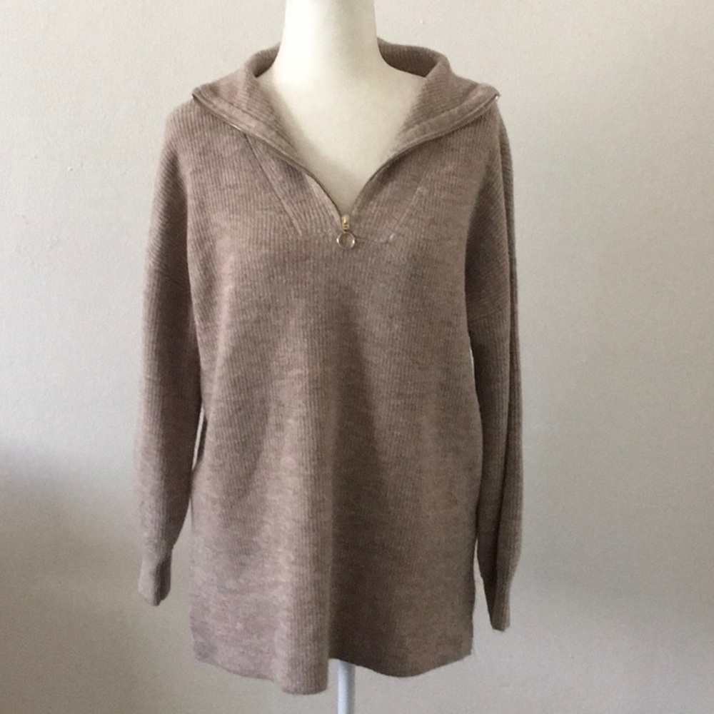 LOFT Tan Sweater with Zip Collar